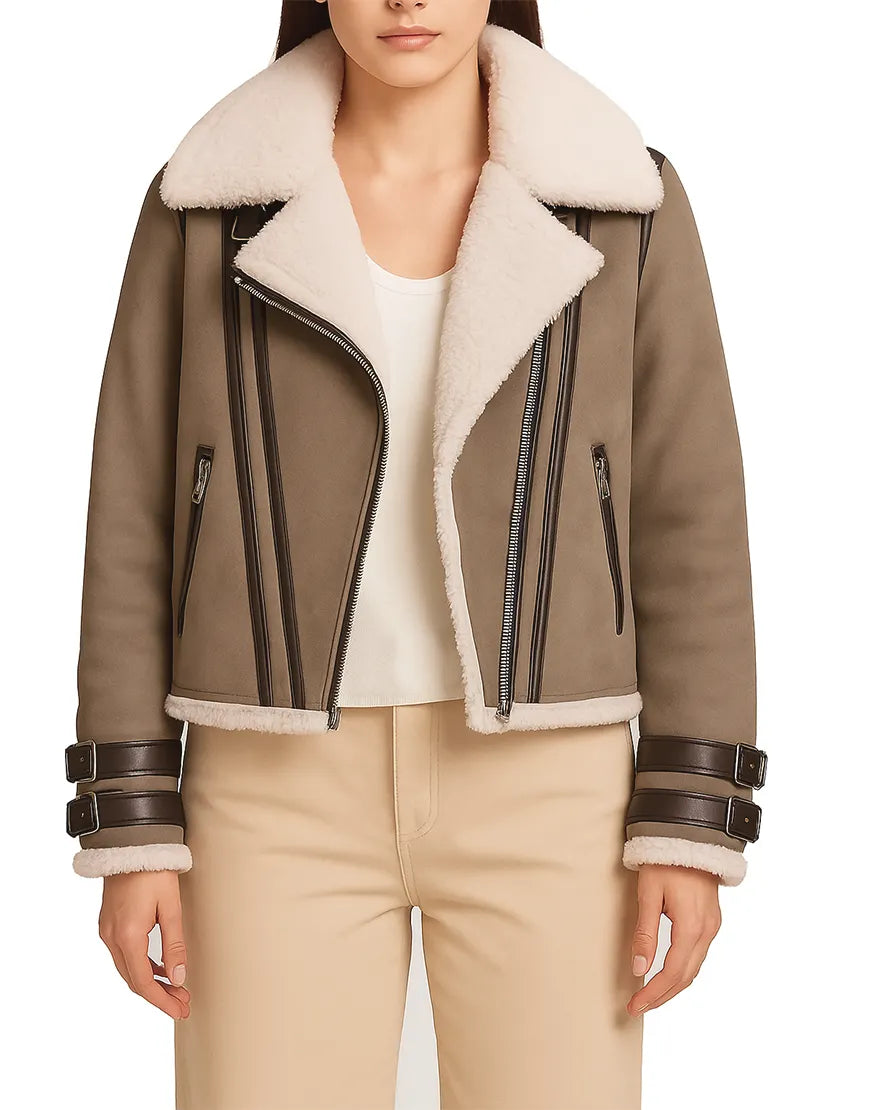 Women’s Suede Leather Brown Shearling Jacket front zipper open UEJ-WSHRL-0002-BRN