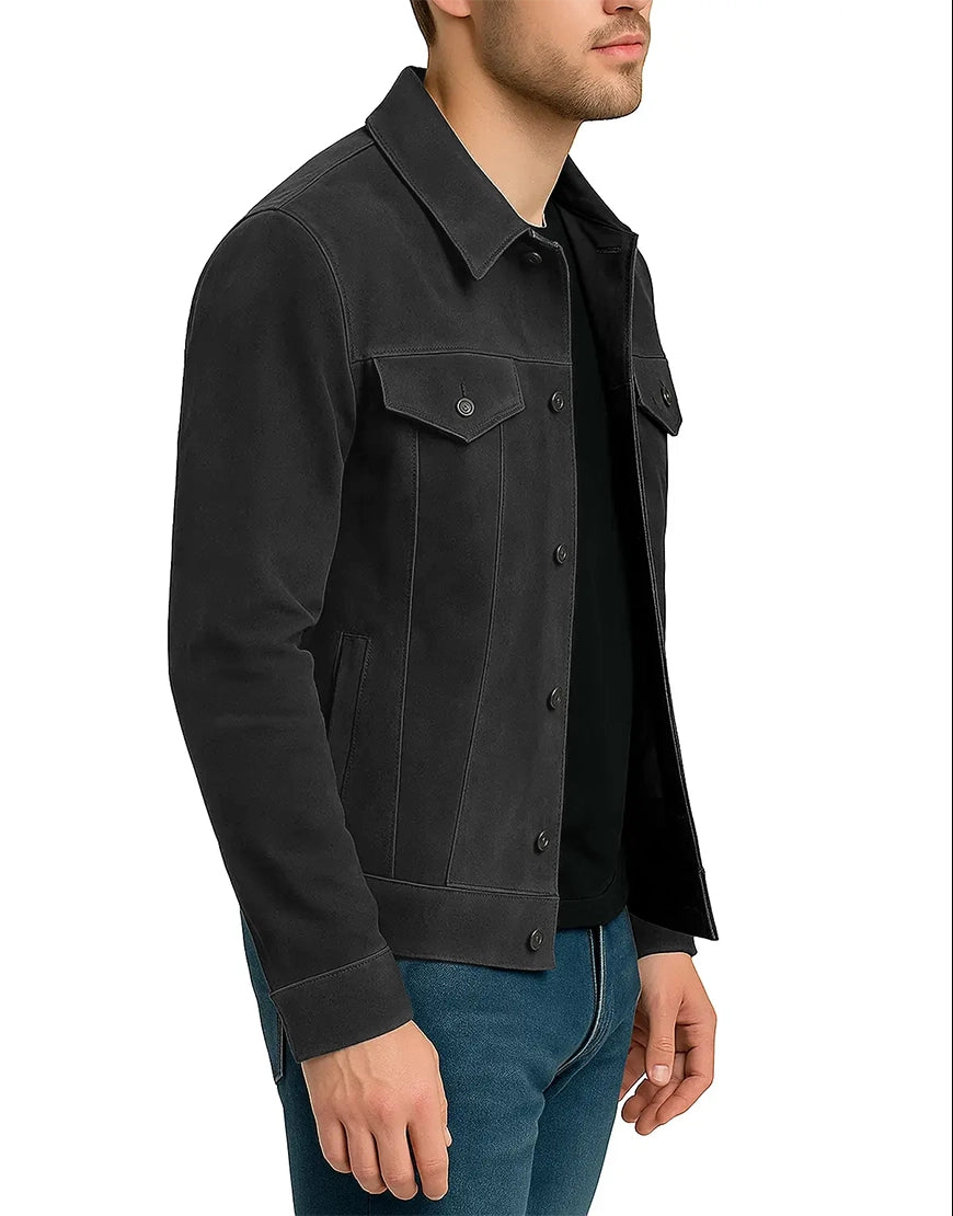 Mens-Real-Black-Suede-Trucker-Jacket-side-view-UEJ-MSUED-0001-BLK-1.webp