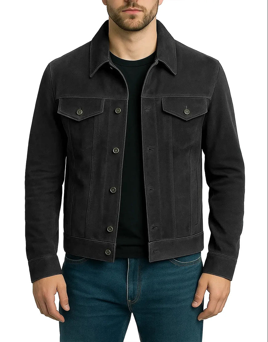 Mens-Real-Black-Suede-Trucker-Jacket-front-view-UEJ-MSUED-0001-BLK-1.webp