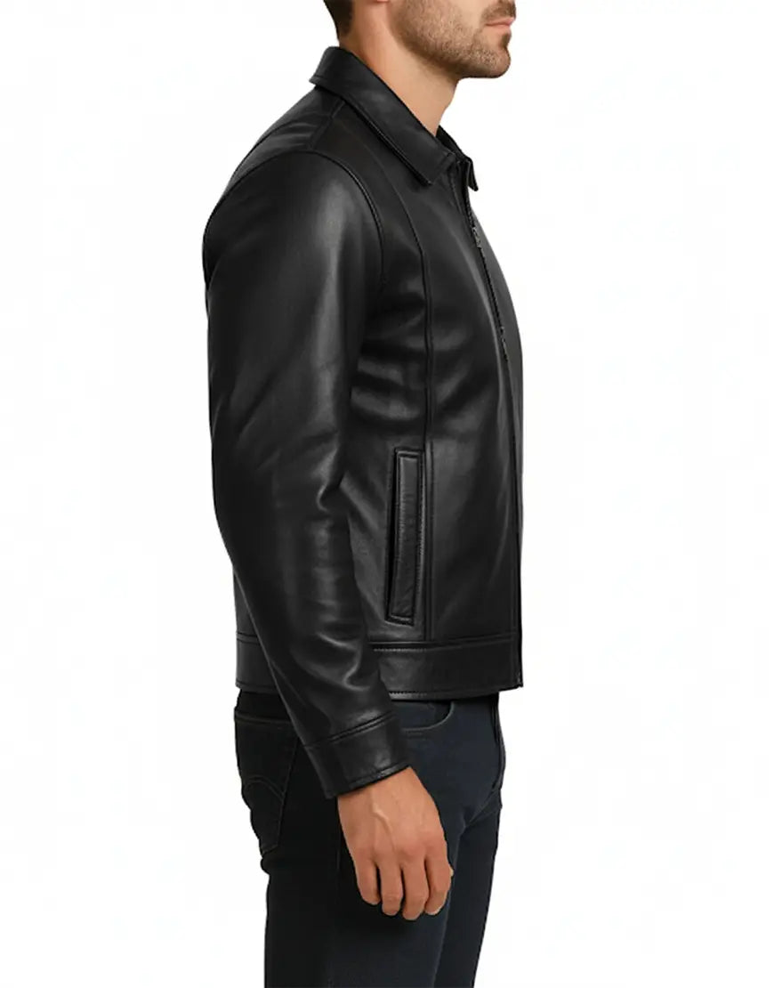 Classic Black Leather Jacket For Men Shirt-Style side view UEJ-MLTHR-0006-BLK