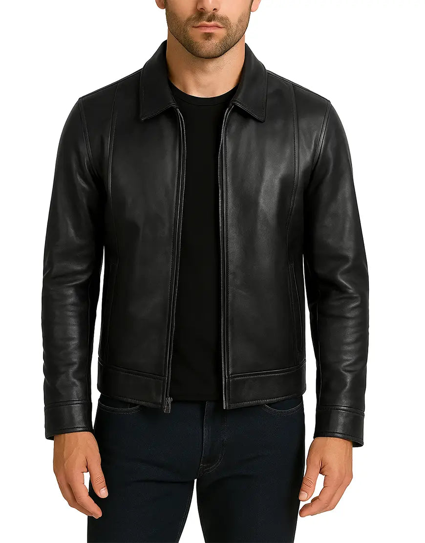 Classic Black Leather Jacket For Men Shirt-Style front zipper open view UEJ-MLTHR-0006-BLK