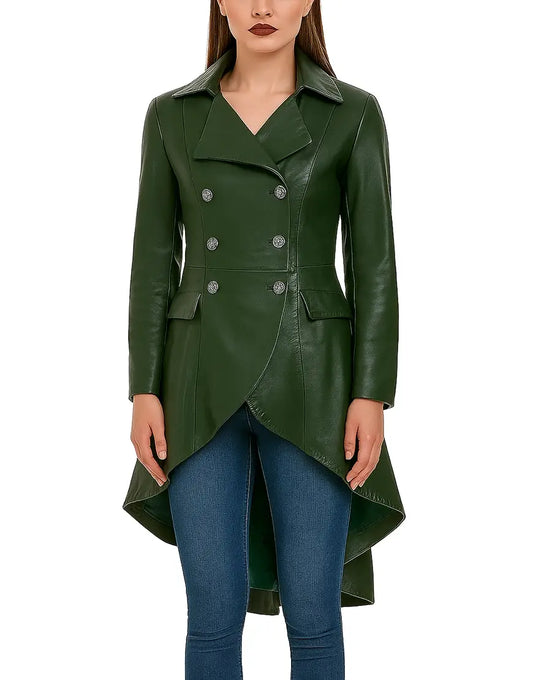 Aesthetic Long Leather Green Coat For Women
