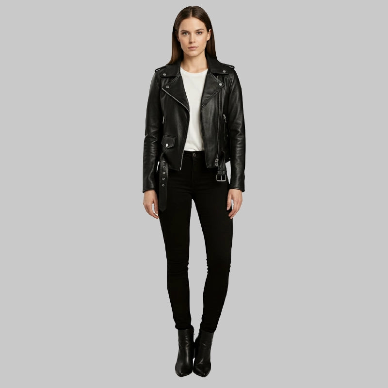 AsymmetricalBlackLeatherJacketForWomen