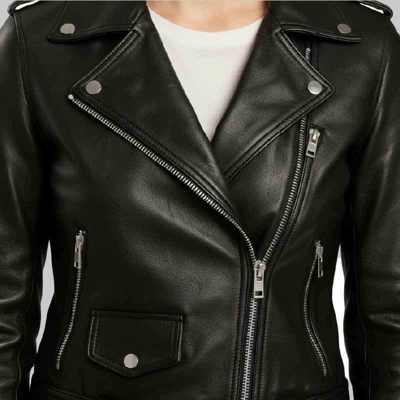 AsymmetricalBlackLeatherMotorcycleJacketForWomen