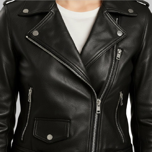 AsymmetricalBlackLeatherMotorcycleJacketForWomen