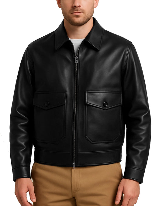 Aviator Style Black Cropped Leather Jacket For Men