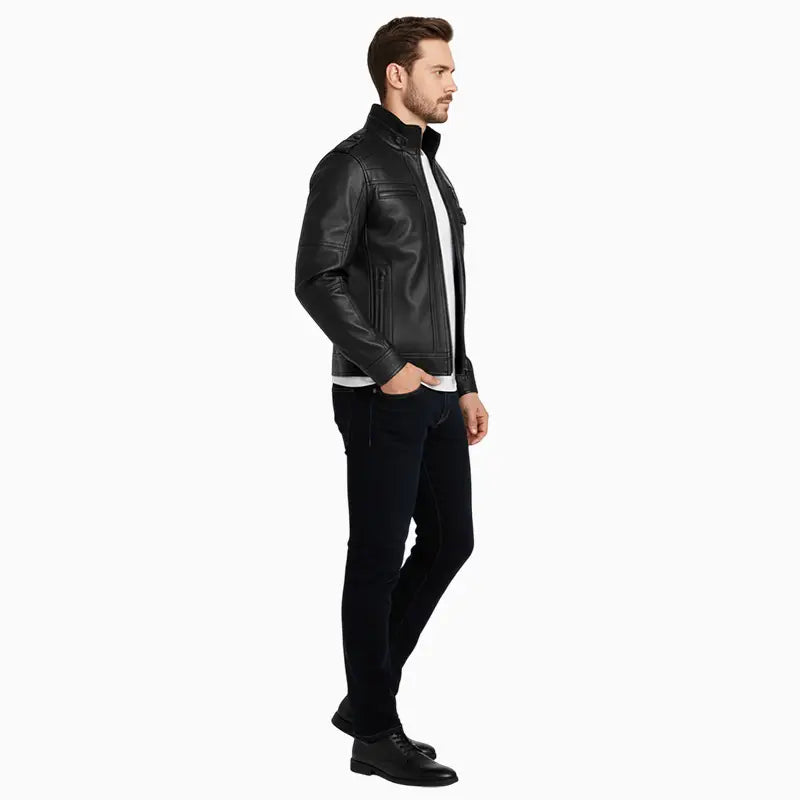 BikerBlackRealLeatherJacketMen