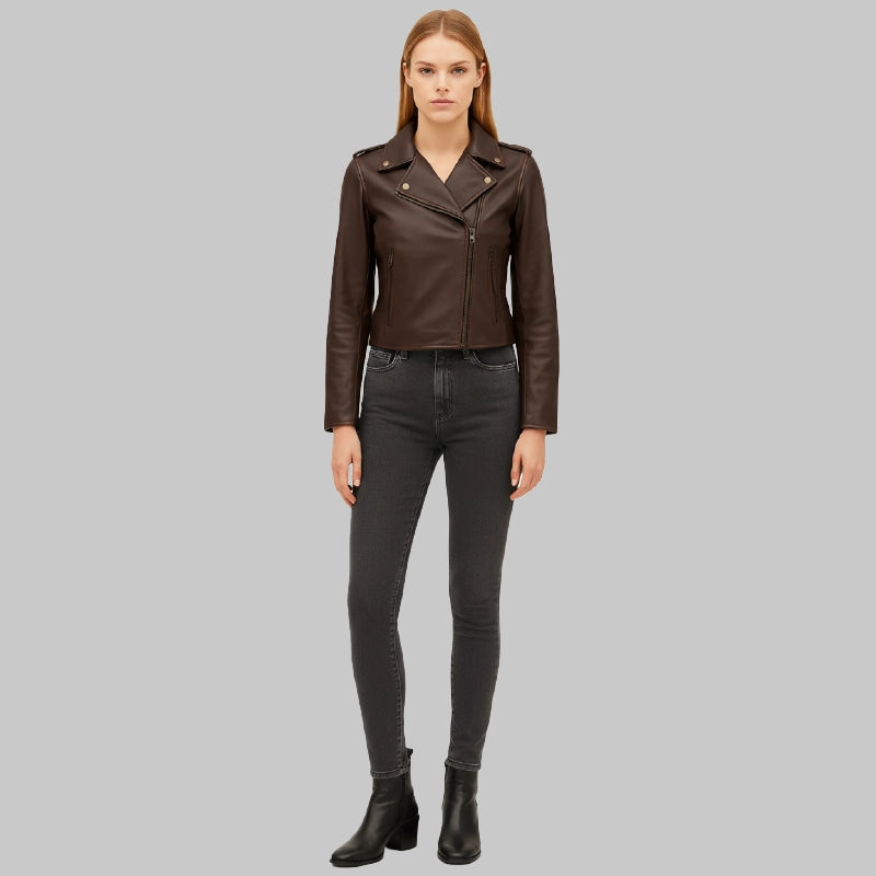 BikerBrownLeatherJacketForWomen