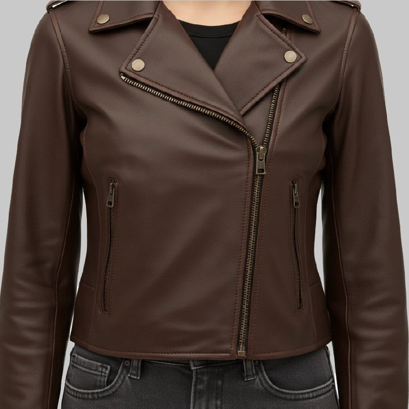 BikerDarkBrownLeatherJacketForWomen