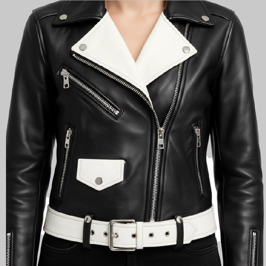 BikerStyleBlackAndWhiteLeatherJacketForWomen