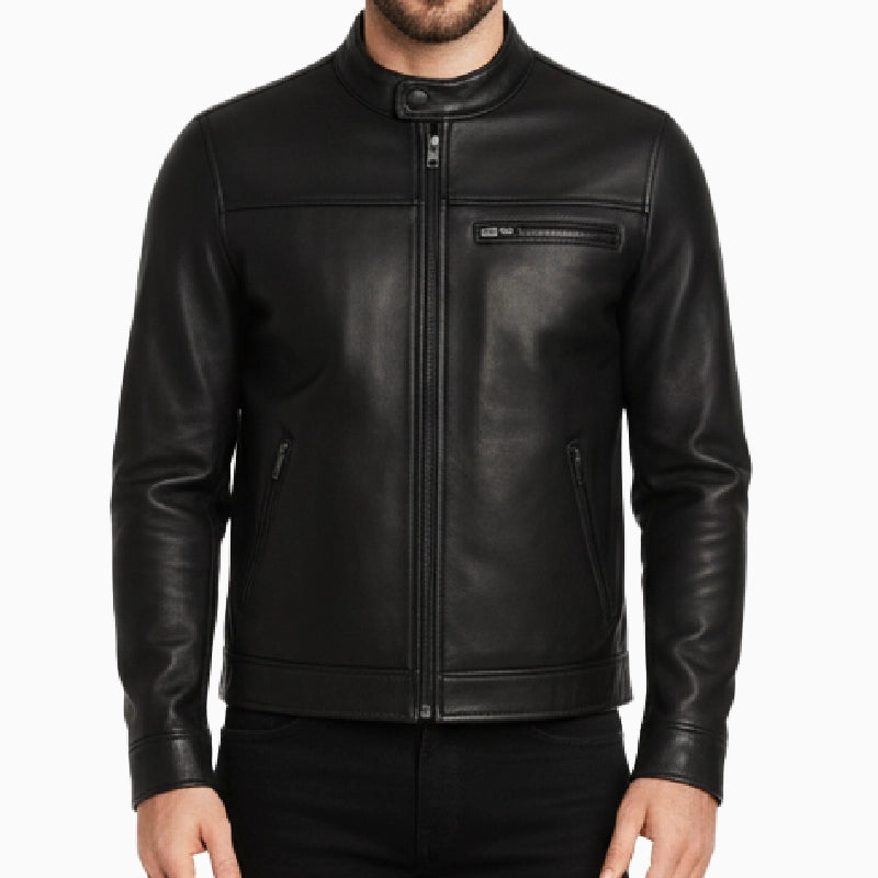 BikerStyleCafeBlackRacerLeatherJacketForMen