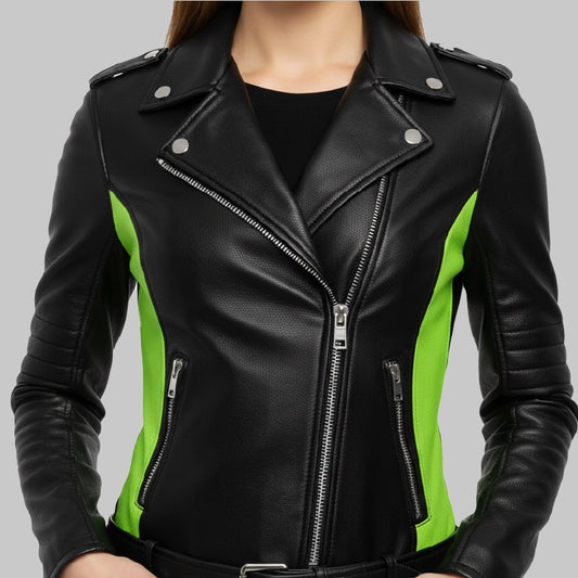 BlackAndGreenLeatherJacketForWomen