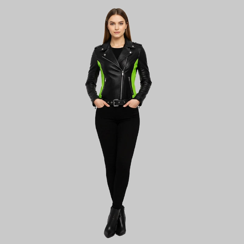BlackAndGreenLeatherJacketForWomens
