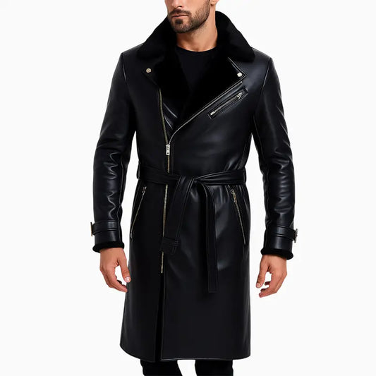 Black Asymmetrical Belted Leather Long Coat for Men
