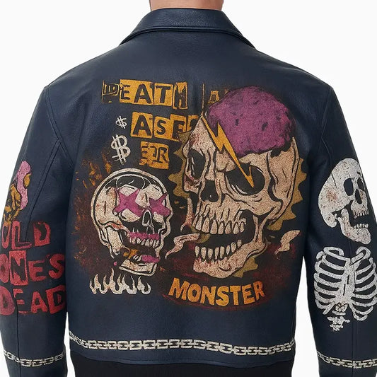 Blue Aviator Style Skulls Painted Art Leather Jacket