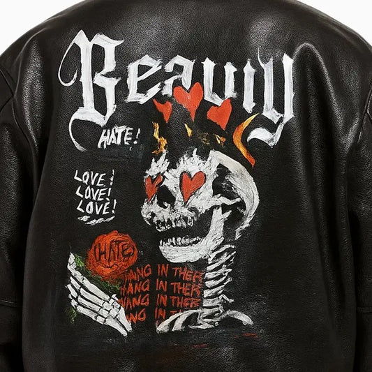 Black Trucker Leather Jacket with Beauty Hate Hand Art