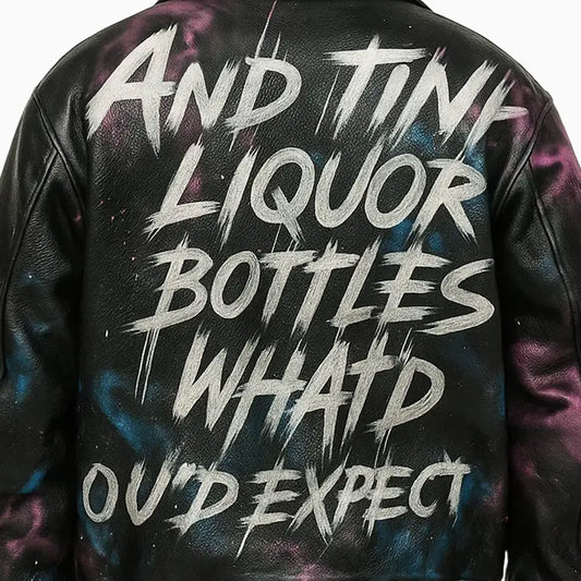 Black Aviator Leather Jacket with Hand Painted Art and Texture