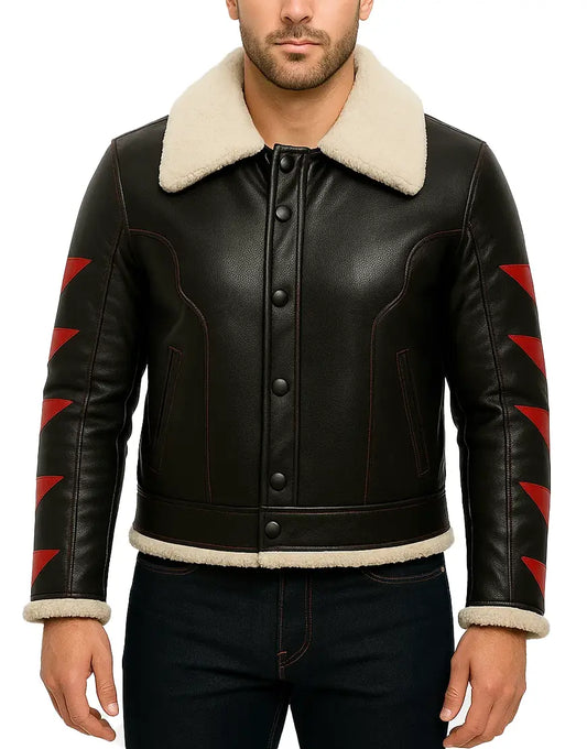 Black With Red Arrow Halloween Shearling Leather Jacket For Men