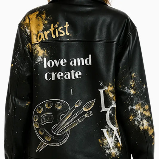 Black Women’s Trucker Leather Jacket with Painted Design