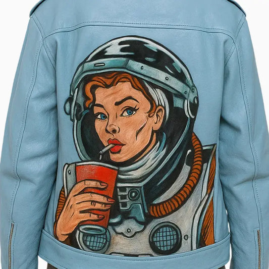 Sky Blue Leather Jacket with Astronaut Painted Design