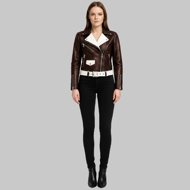 BrownandWhiteMotoJacketForWomenFront