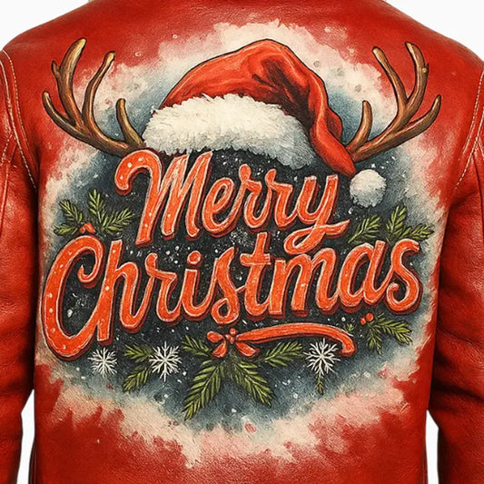 Christmas Red Hand Painted Leather Jacket for Men