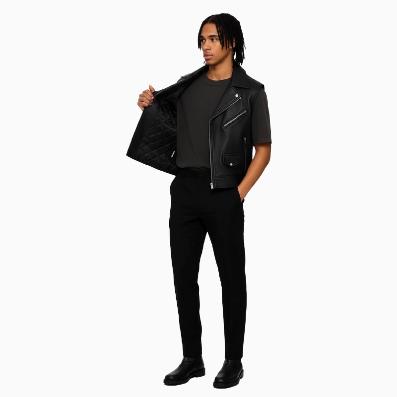 ClassicBlackAsymmetricalMensLeatherVest