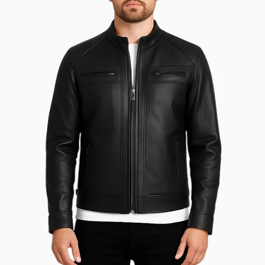 ClassicBlackQuiltedCafeRacerJacketForMen