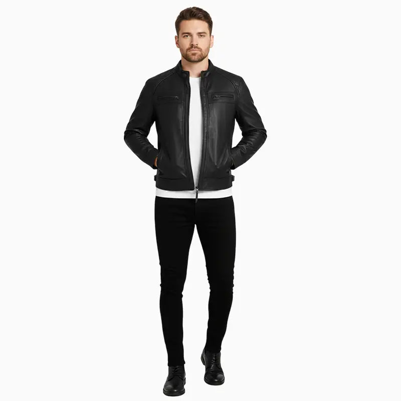 ClassicBlackQuiltedCafeRacerJacketMen