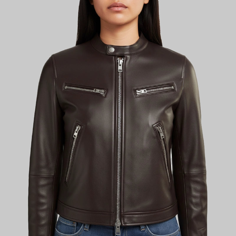 ClassicDarkBrownLeatherRacerJacketForWomen