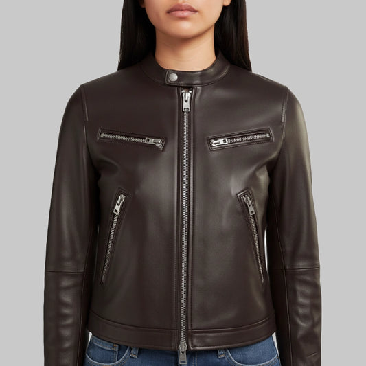 ClassicDarkBrownLeatherRacerJacketForWomen