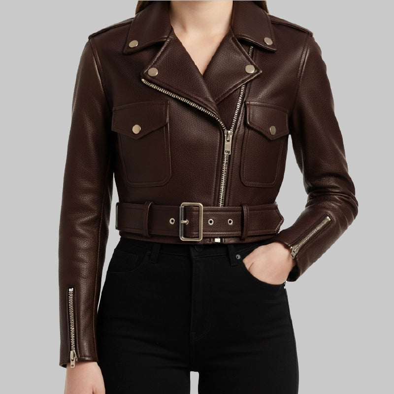 ClassicLapelCollarWomen_sBrownCroppedLeatherJacket