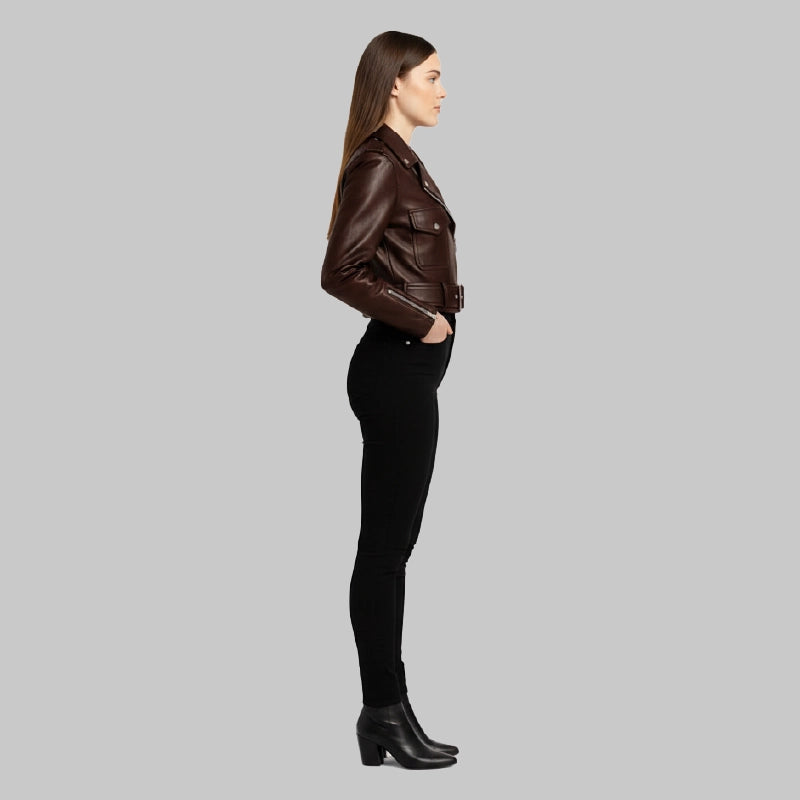 ClassicLapelCollarWomensBrownCroppedLeatherJacket