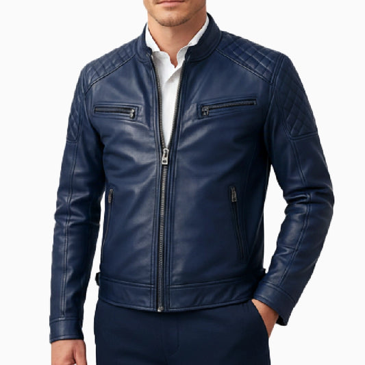 ClassicQuiltedRacerStyleMen_sBlueLeatherJacket