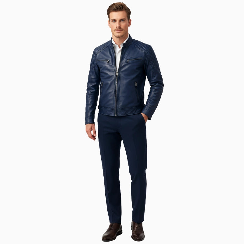 ClassicQuiltedStyleMen_sBlueLeatherJacket