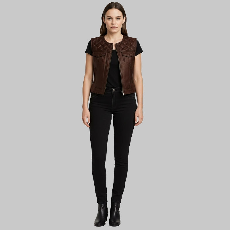 DiamondBrownLeatherVestForWomen