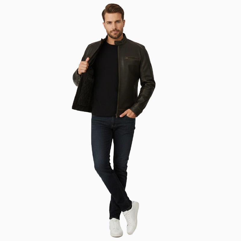 DistressedBrownCafeRacerLeatherJacketMen