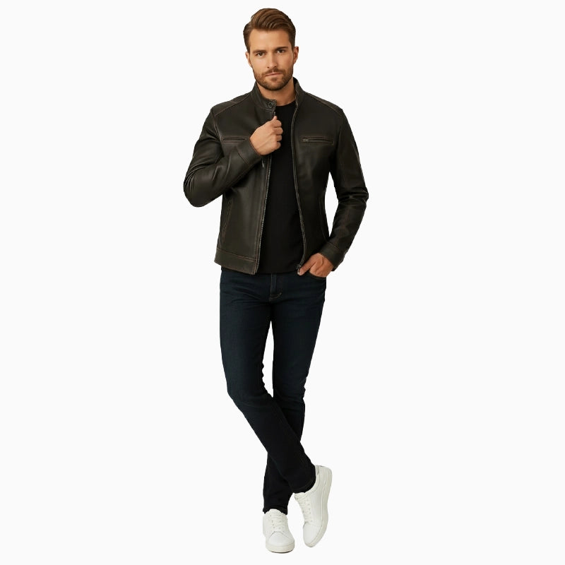 DistressedStyleBrownCafeRacerJacketForMen