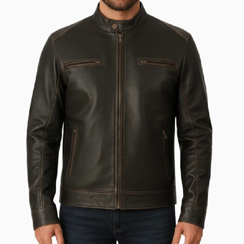 DistressedStyleBrownCafeRacerLeatherJacketForMen