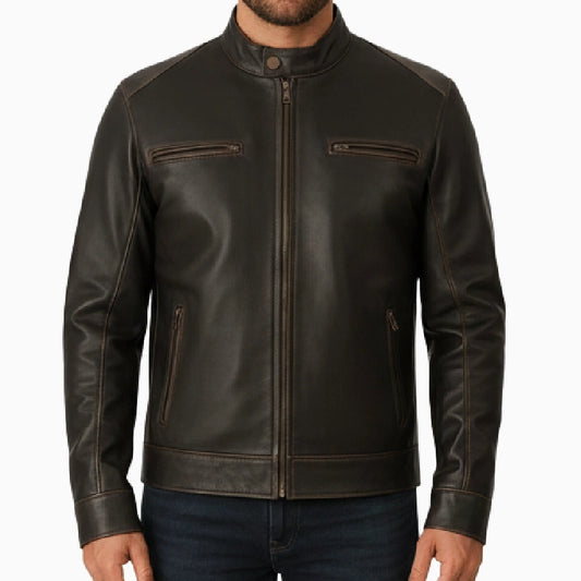 DistressedStyleBrownCafeRacerLeatherJacketForMen
