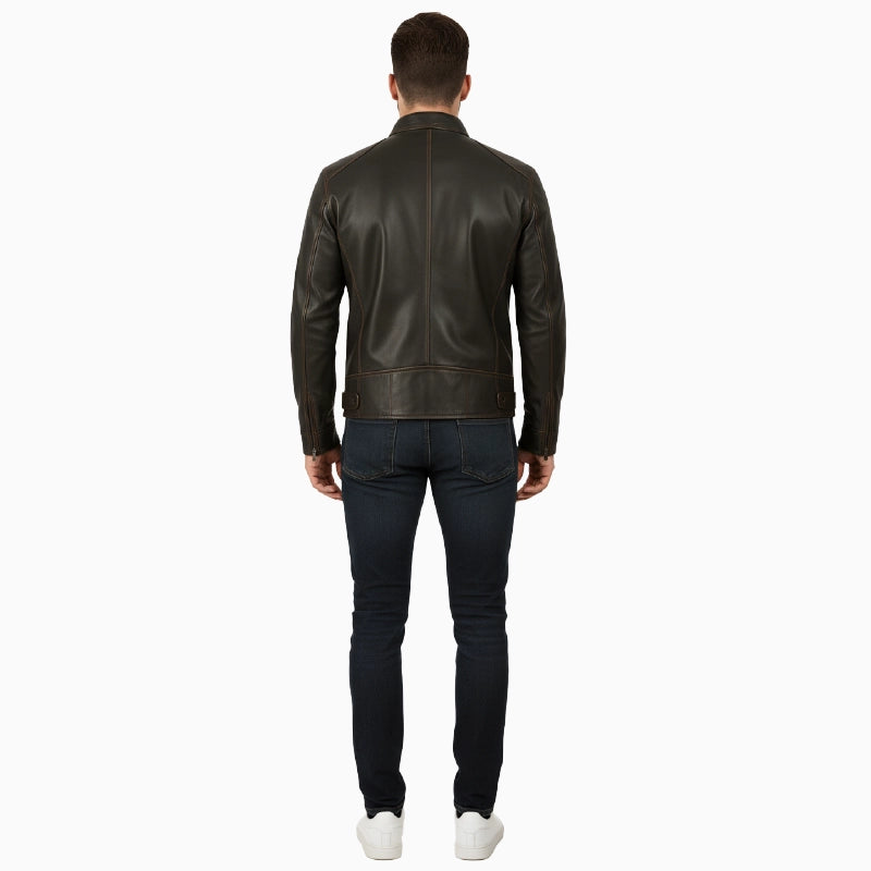 DistressedStyleBrownCafeRacerLeatherJacketMen