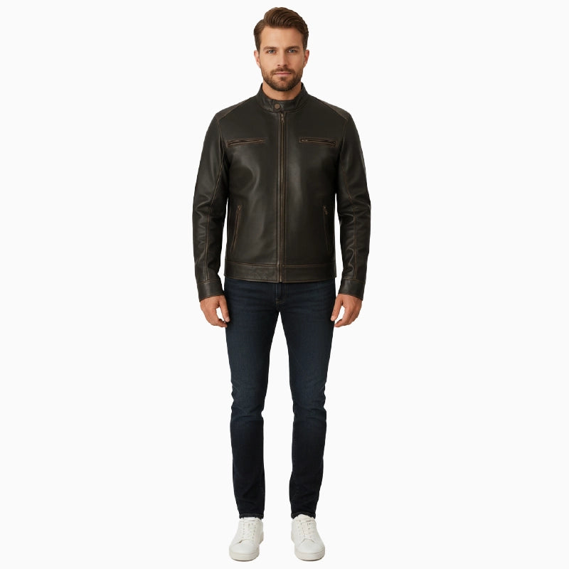 DistressedStyleCafeRacerLeatherJacketForMen