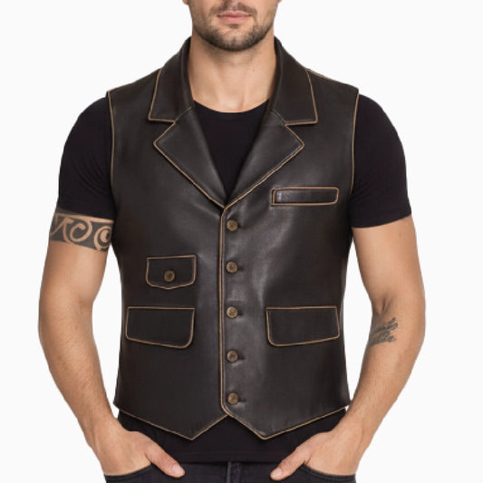 Distressed Style Dark Brown Leather Vest For Men