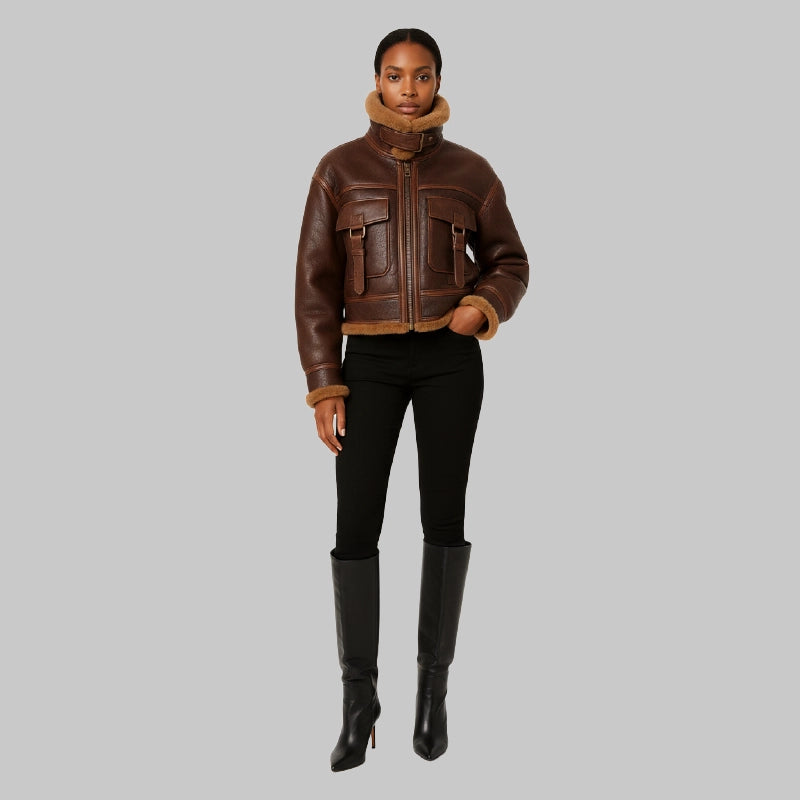 DoublePocketShearlingJacketInBrownFront