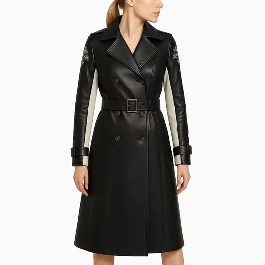 Embroidered Black Belted Leather Long Coat for Women