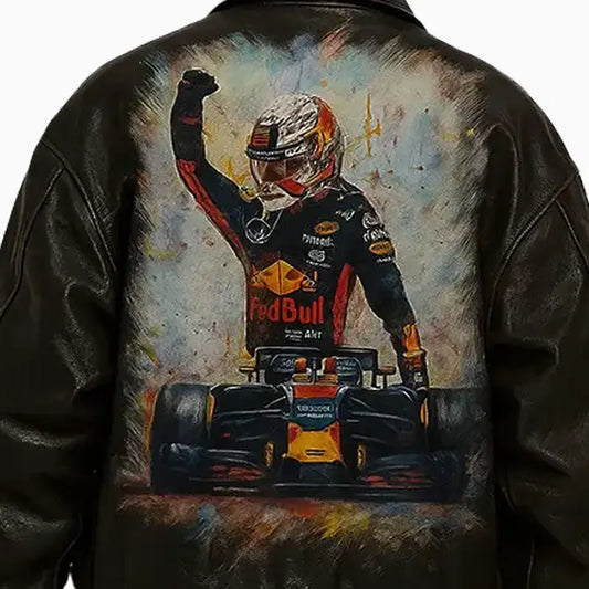F1 Driver Hand Painted Black Aviator Style Leather Jacket
