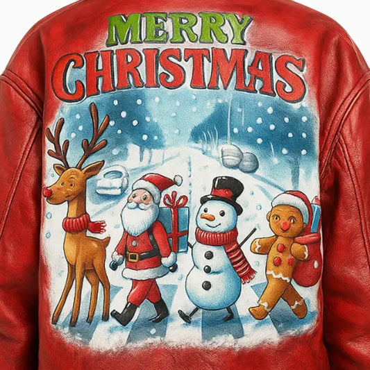 Friends Xmas Hand Painted Art Quilted Leather Jacket for Women