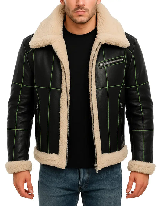 Ghost Embroidery Black with Lime Green Stitch Mens Shearling Leather Jacket