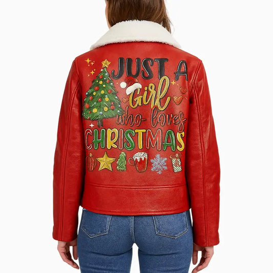 Girl Loves Christmas Red Asymmetrical Hand Painted Leather Jacket