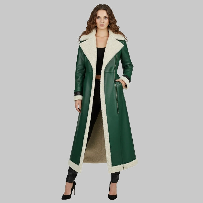GreenLeatherCoatwithRedBeltedCuffsforWomen